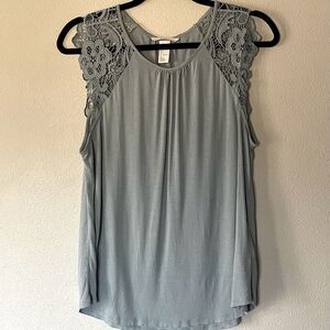 H&M Light Sage, Short-Sleeve Top with Lace Shoulder Detail. Size Large.